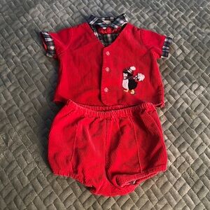 Vintage 12m 2 piece corduroy Red & plaid Baby boy Outfit with Penguin Design